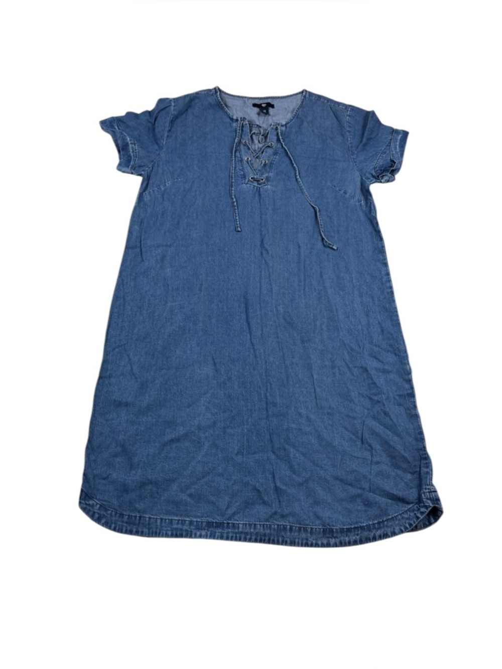 Gap Lace Up Shift Dress Blue Chambray Soft Denim Casual Relaxed Fit Pullover S